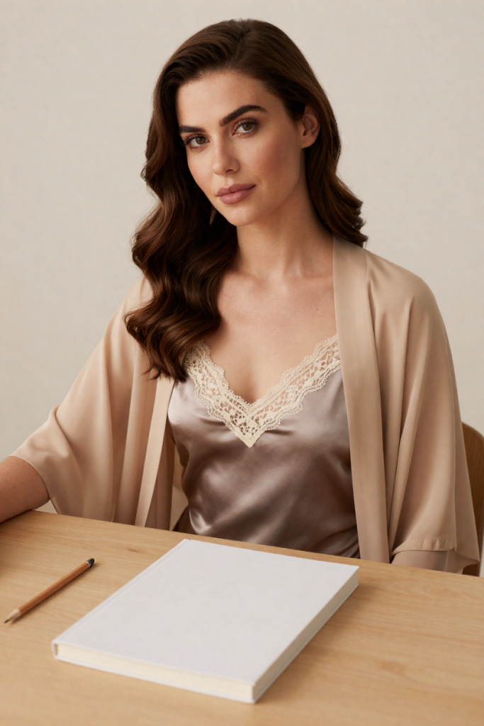 Fictional 28-year-old woman in a taupe silk slip seated at a desk with a plain closed biography book